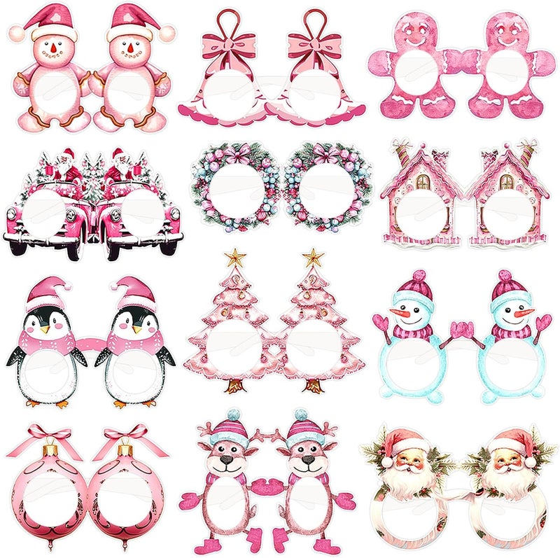 Runloon 12PCS Christmas Glasses, Pink Christmas Party Paper Glasses Photo Booth Props Holiday Eyeglasses Frames for Xmas Party Supplies Decorations - Image 1